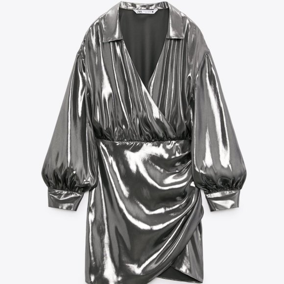 ZARA SILVER LAPEL SURPLICE WRAP EFFECT V NECK LAMINATED METALLIC DRESS $119 - Picture 2 of 13